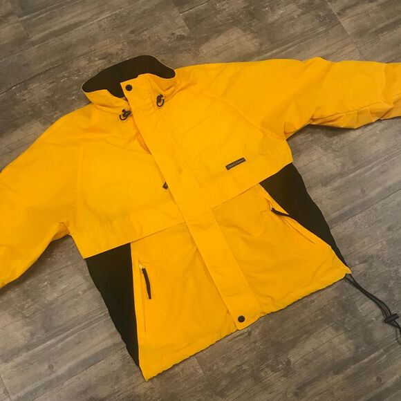 Vintage Field & Stream Full Zip Jacket Men Size Large Yellow Hidden Hood Pockets - Picture 1 of 10